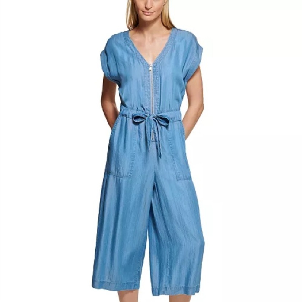 DKNY Women’s Zip Front Cap Sleeve Soft Denim Coloured Lyocell Jumpsuit XS